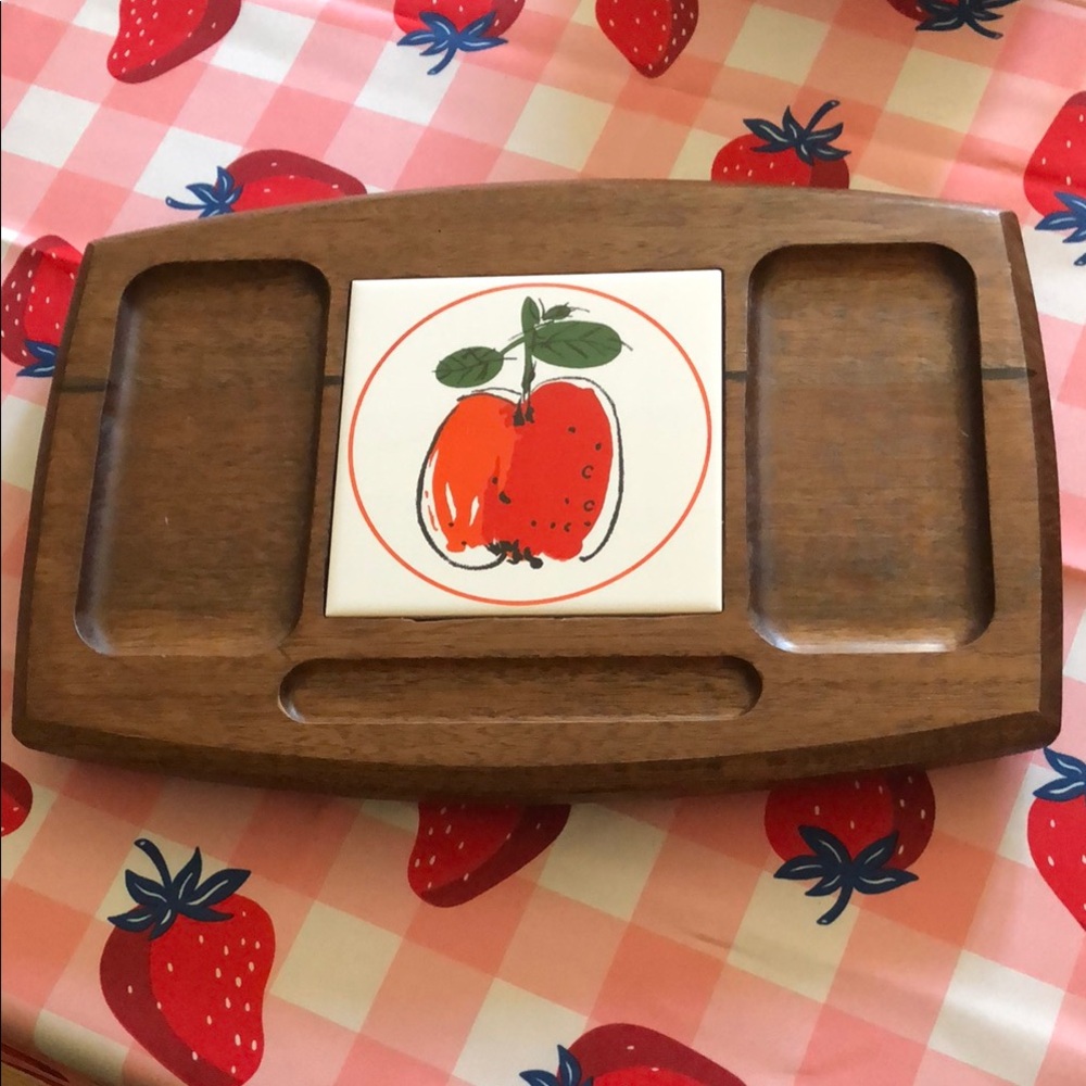 Wooden mid century cheese board Tray with Fruit Design tile